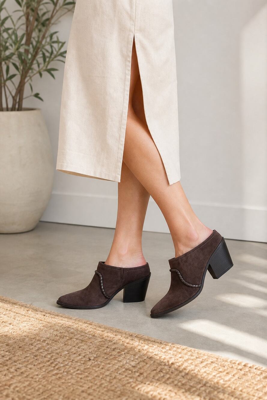 Boohoo Brown Suede Pointed Toe Mule Heels Size 9